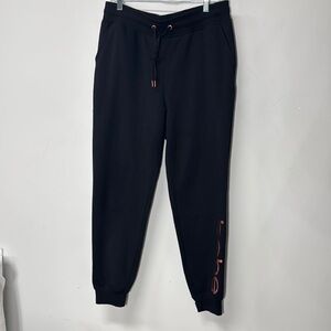 Bebe Sport Black Jogger Sweatpants Elastic Cuffs Rose Gold Logo Large Streetwear